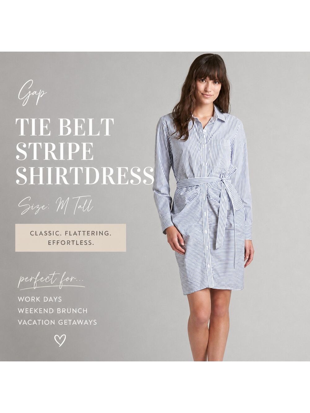 Gap Shirt Dress Medium Tall Blue White Stripe Button UP Tie Waist Career Preppy